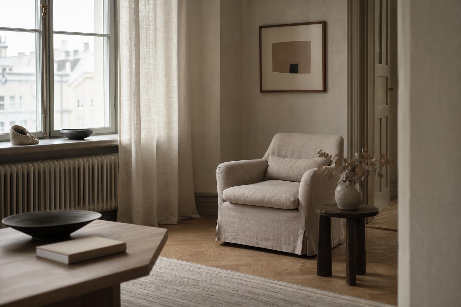 Ljust och rent skandinaviskt vardagsrum